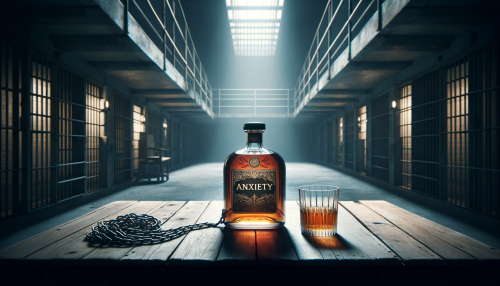 Create an image of a whiskey bottle with an ornate label saying 'ANXIETY' on a simple table in the center of an empty prison cell. The atmosphere is gloomy and foreboding, with the bottle and a glass of whiskey being the only items on the table. No chains this time. The light is dim, casting long shadows and enhancing the oppressive feeling of the cell. The bottle's label is a work of art, beautifully contrasting with the stark, cold surroundings. The room's barrenness should be palpable, evoking a strong sense of isolation and anxiety. The perspective should be wide, captured in a 16:9 aspect ratio, to fully convey the emptiness and confinement of the prison cell setting.