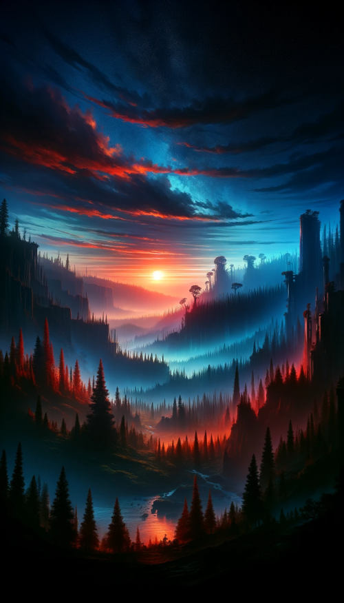 Create an image of a vast fantasy landscape at the moment of twilight. The heavens are awash with the last glimmers of the sun, casting a gradient of deep blue to fiery red across the sky. A silhouette of a dense, primeval forest stretches towards the horizon, punctuated by the occasional towering tree that rises above the rest. A network of cliffs and ravines adds to the drama of the landscape, with waterfalls cascading into sparkling rivers that flow into a distant, shimmering sea. Mysterious ruins, remnants of an ancient civilization, are half-buried along the forest's edge, hinting at forgotten stories. The landscape is wild and majestic, free of any characters, showcasing the raw and untouched splendor of a world where nature reigns supreme.
