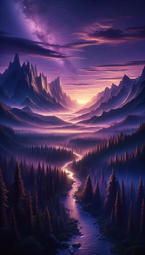 Visualize a grand fantasy landscape during the twilight hour. The sky above is a canvas of deep purples and soft pinks, with the first stars of the evening starting to appear. A range of towering mountains stretches across the horizon, their peaks dusted with the last light of the sun. Below the mountains, a vast forest with ancient, towering trees, their branches stretching towards the sky, creates a dark, enchanting silhouette against the twilight sky. A sparkling river winds through the landscape, flowing from a spectacular waterfall that plunges into a glowing, mist-filled lake below. The entire scene is devoid of any characters, focusing solely on the natural beauty of this mythical world.